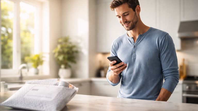 Man checking phone in modern kitchen with discreet prescription package on counter
